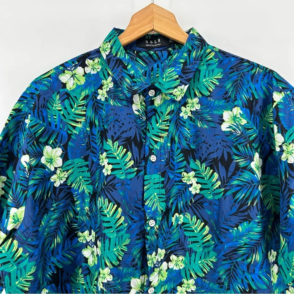 SSLR Aloha Hawaiian Camp Shirt Men's XL‎ Blue Vibrant Floral Pattern EUC
